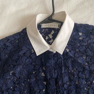 SANDRO size 1 ( S) navy lace shirt with white cotton collar